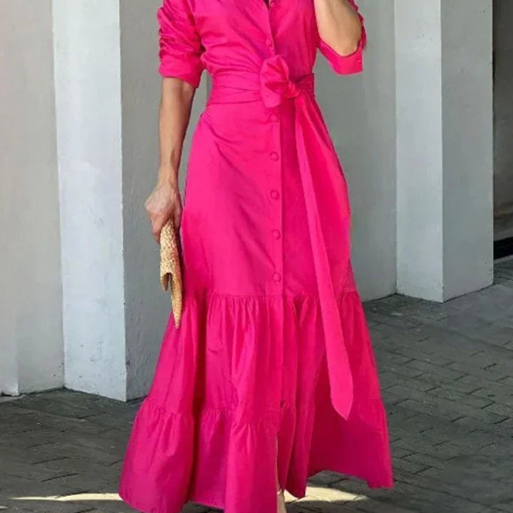 Women Long Sleeve dress Turn Down Collar Single Breasted Button Solid Loose fit