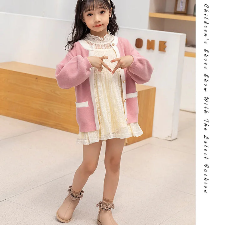 Girls Boots Fashio Knitted Ankle Boots Autumn Winter Soft Leather Slip on Kids Shoes Princess Non-slip Plush Snow Boots ботинки