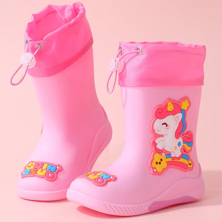 Kids' Mid-Calf Rain Boots Non-slip Durable With A Drawstring To Prevent Water Ingress High-Quality Rubber Waterproof Shoes