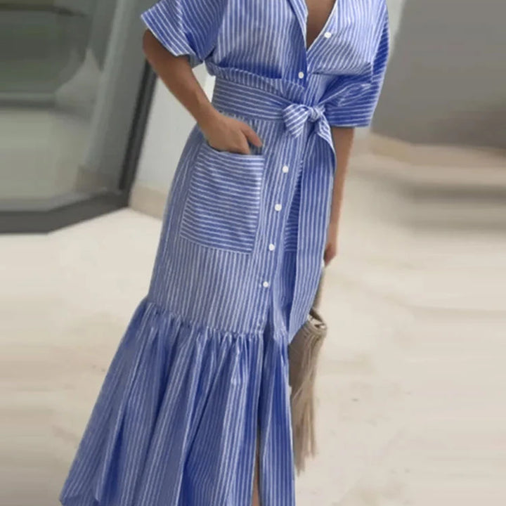 Elegant Striped Printing Short Sleeve Maxi Long Dress Casual Daily Bohemian.