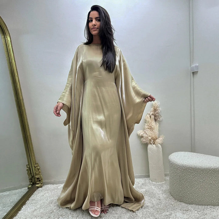 Tossy Autumn Loose Shiny Maxi Dress Butterfly Batwing Long Sleeve Muslim Clothes Party Solid Female Long Dress New