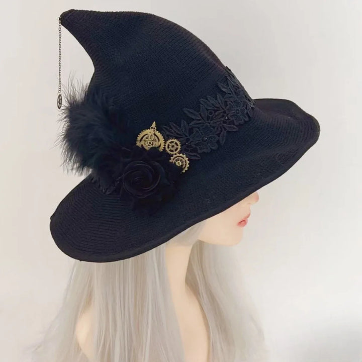 Halloween Witch Hat Gothic Props Vintage Large Bowknot Cosplay Party Wizard Hat Wide Brim Bucket Hat   Costume Accesso