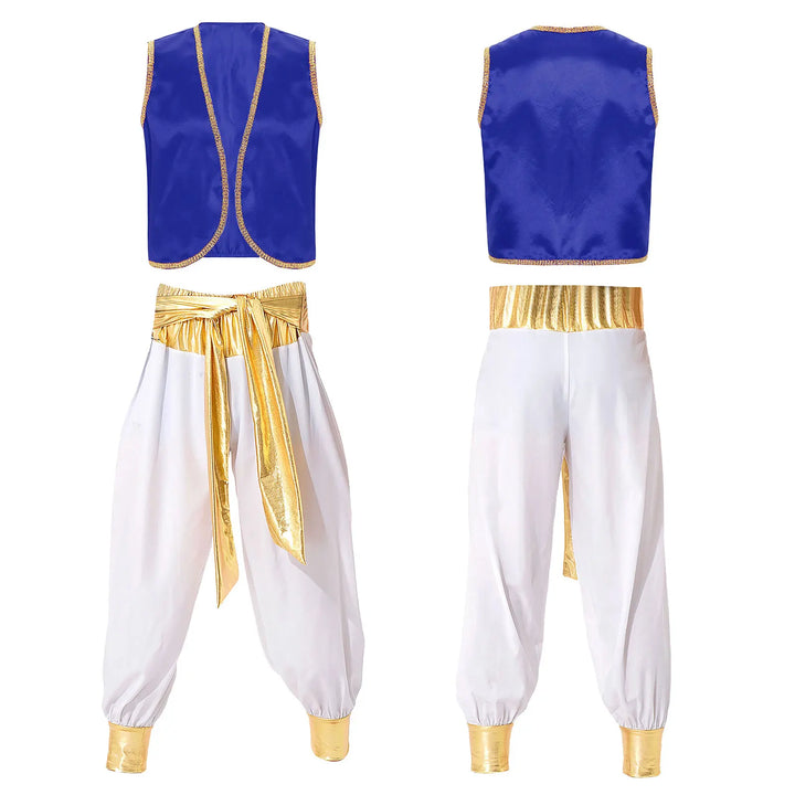 Mens Halloween Costume Mythical Arabian Prince Carnival Cosplay Party Outfit Sequin Trim Waistcoat with Belted Pants