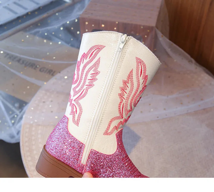 Girls Boots Toddler Snow Gear Mid Calf Glitter Western Cowboy Boot 2025 Autumn Big Kid Riding Girls Botas Size 27-36 Kids Shoes