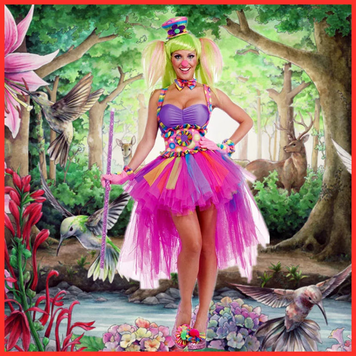 Fun & Full of Color!
Bright candy colors and playful details make this clown dress perfect for Halloween, carnivals, or stage shows. Comfortable and made for smiles.
🤡 Includes: Colorful clown dress + accessories
🎃Halloween, carnival