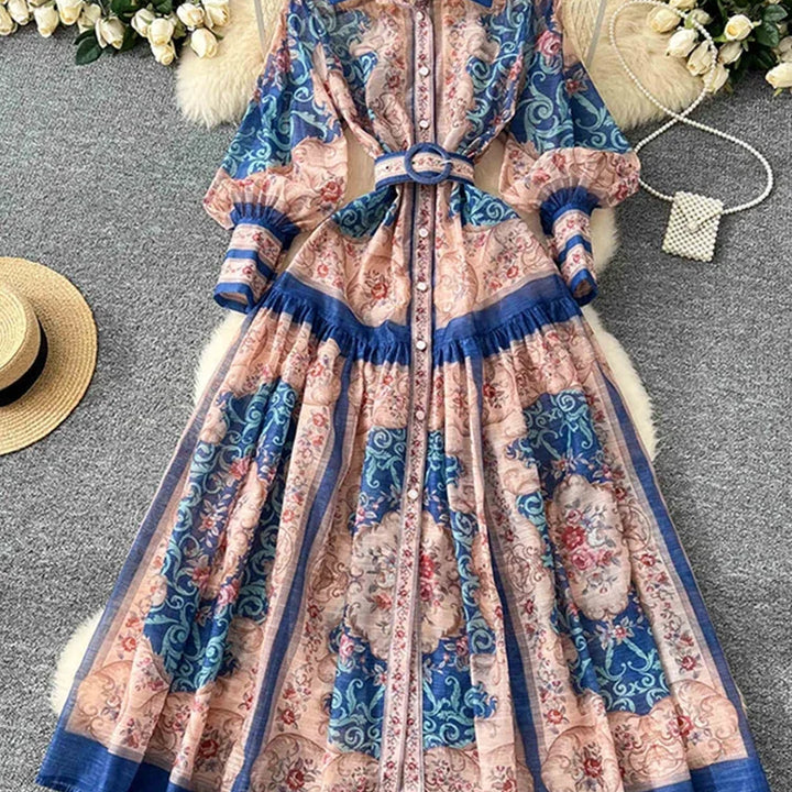 New Retro Court Printed Lapel Lantern Sleeve Cinched Waist Single Breasted Long Sleeve Elegant Long Dress