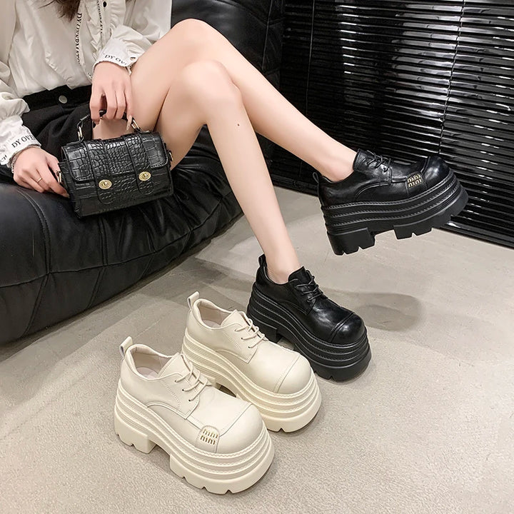 Women's Leather Sneakers New High Platform Lace-up Casual Shoes Thick Sole 10CM Heels Walking Shoes Zapatos Mujer