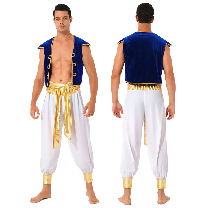Mens Halloween Costume Mythical Arabian Prince Carnival Cosplay Party Outfit Sequin Trim Waistcoat with Belted Pants
