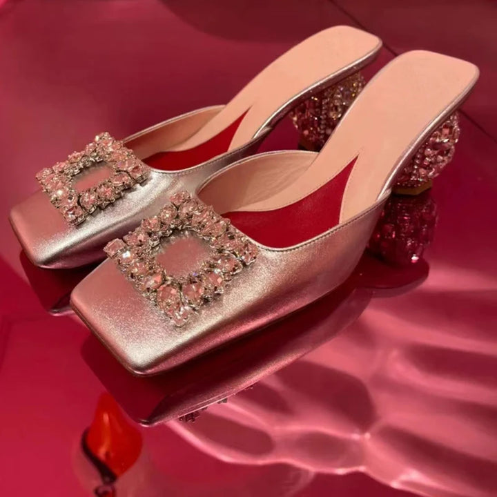 New Rhinestone Pumps Women Square Toe Slip-on Mules Female Crystal High Heels Women Dress Shoes Women sandalias de las mujeres
