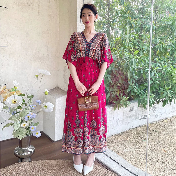 V-neck Large Skirt Hem Casual Sweet Long Dress Bat Sleeves Elastic Waist Bohemian Print Floral Elegant .