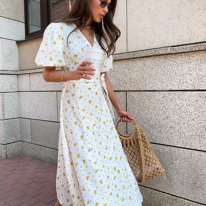 Bornladie Women Printed Lace Up D Short Sleeve Fashion Office Lady Long Dress 100% Cotton Daily Casual V-neck