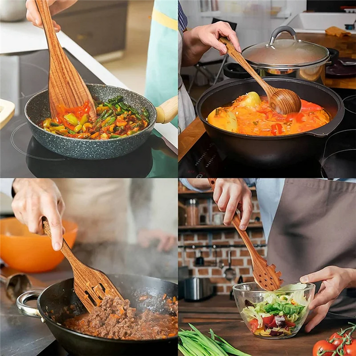 Wooden Cooking Utensils, Kitchen Utensils Set with Teak Wood Spoons and Wooden Spatula for Cooking