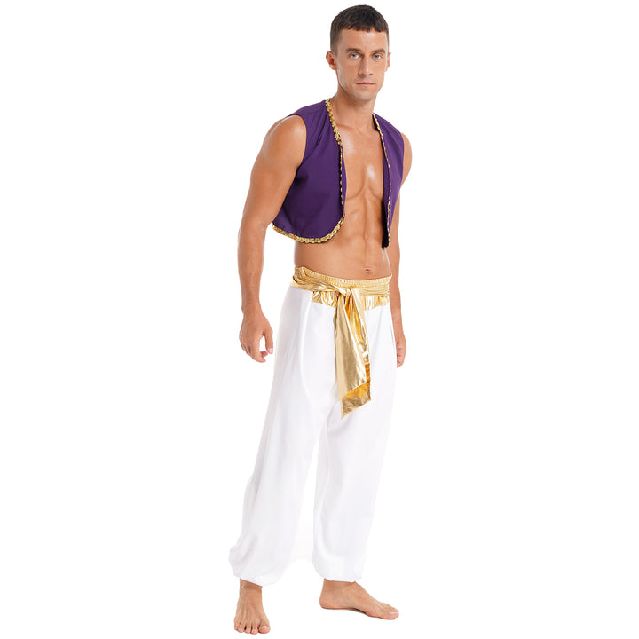 Mens Halloween Costume Mythical Arabian Prince Carnival Cosplay Party Outfit Sequin Trim Waistcoat with Belted Pants