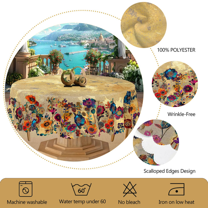 Retro Bohemian Mandala Style Tablecloth + 4Pcs Self-Adhesive, Retro Creative Mandala Style Floral Pattern Tablecloth, Kitchen Accessories, Edge Embossing Process, 5 Sizes Optional, Rectangular Polyester Tablecloth, Round Colo