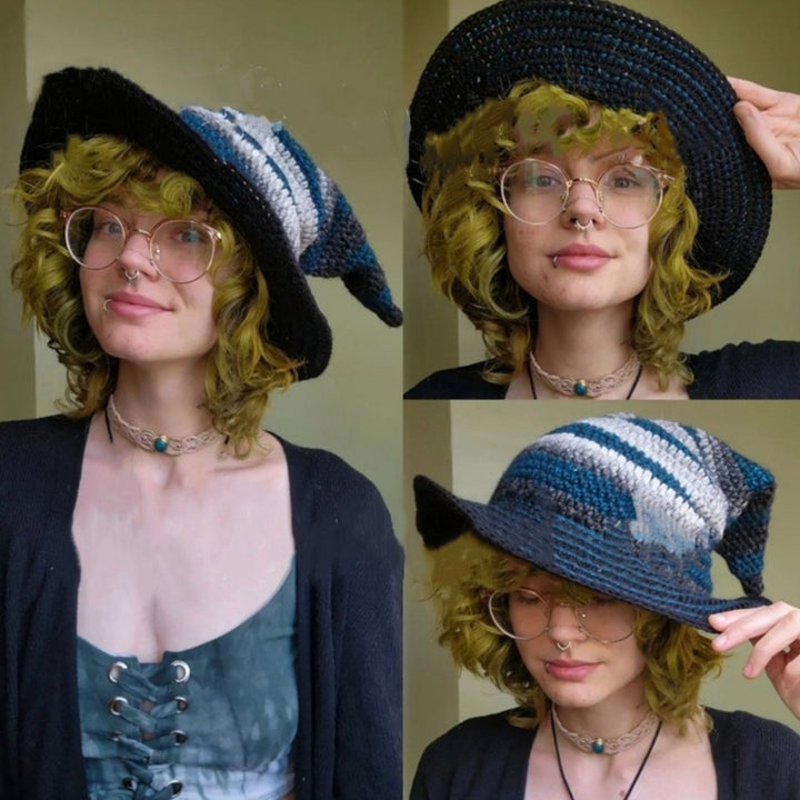 1PC Halloween Party Crocheted Witch Hats Party Wide Brim Pointed Hat Accessory Funny Cosplay Witch Hat with Stripes Photo Prop