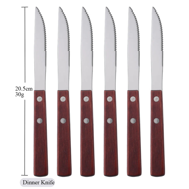 6/10Pcs flatware Set Natural Wood Handle Steak Knives Cutlery Stainless Steel Dinner Knife Dinnerware Kitchen Silverware Set