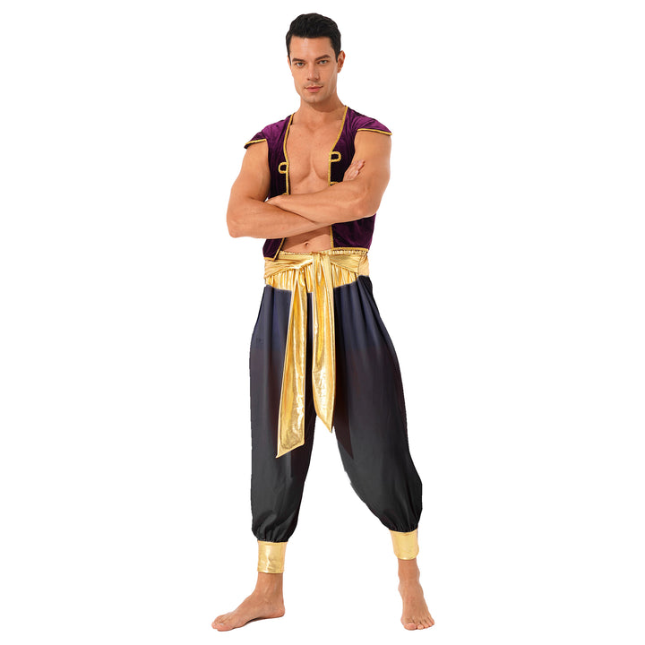 Mens Halloween Costume Mythical Arabian Prince Carnival Cosplay Party Outfit Sequin Trim Waistcoat with Belted Pants