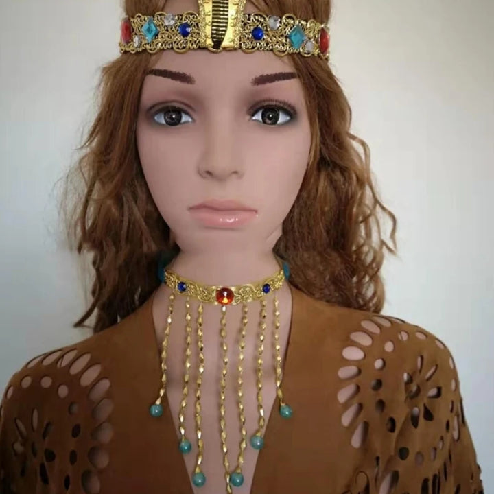 Halloween Egyptian Costume Accessories Egyptian Cobras Headpiece Beaded Tassels Necklace Decoration for Dressing Party