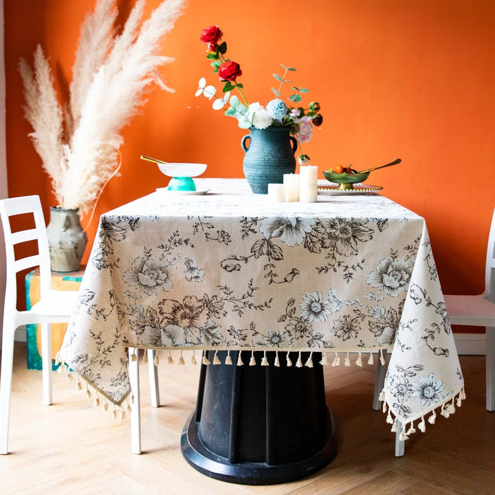 Flower Pattern Tablecloth Cotton Linen Blend Rectangular Dining Table Cover for dining Buffet Parties and Camping Decoration