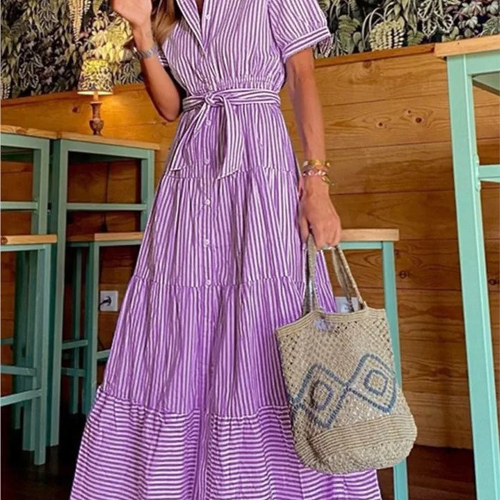 New Fashion Stripe Printed Short Sleeve Loose Waist Strap Long Collar Ankle Single Breasted Dress