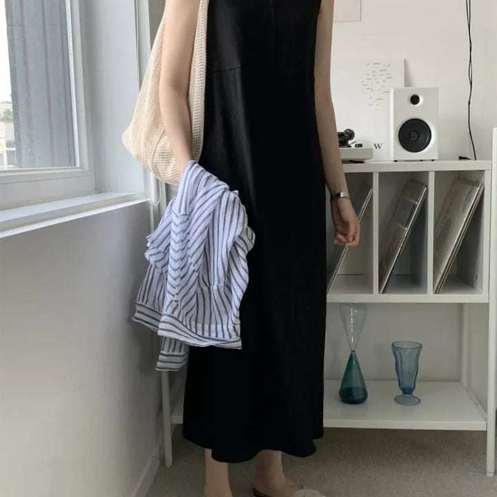 Cotton Linen Women Tank Dress Solid Sleeveless O-neck Casual Loose Straight Long .