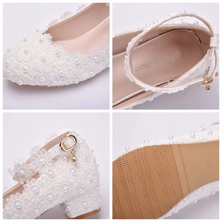 XIHAHA Fashion Female Wedding Shoes Bridesmaid Banquet White Lace Flower Pearl Round Toe Square High Heels Women's Bridal Pumps