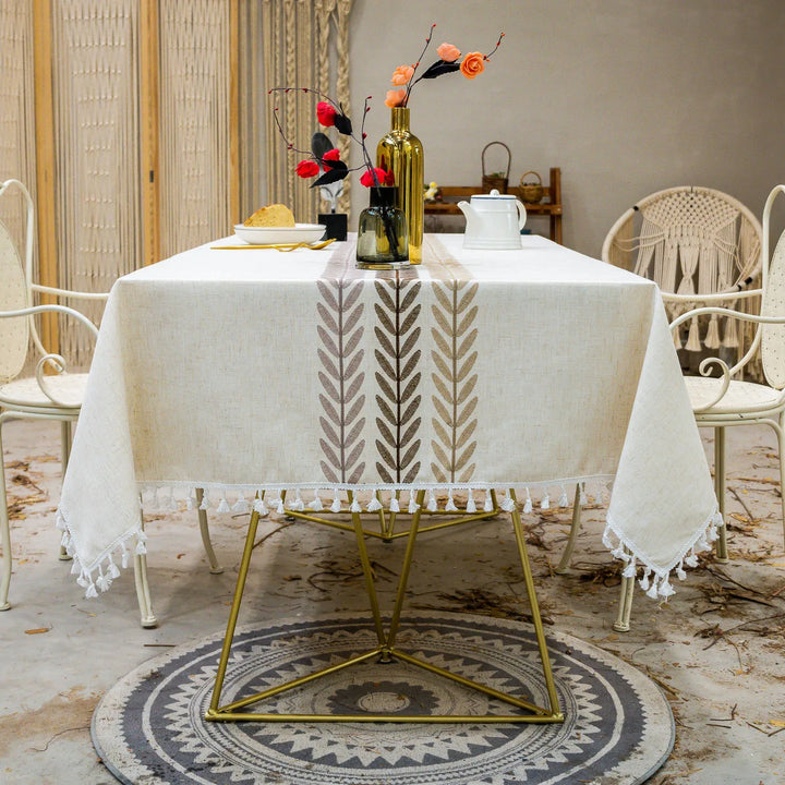 orthern European simple tassel cotton linen table cloth embroidery flower leaves party American decorative dust table cloth