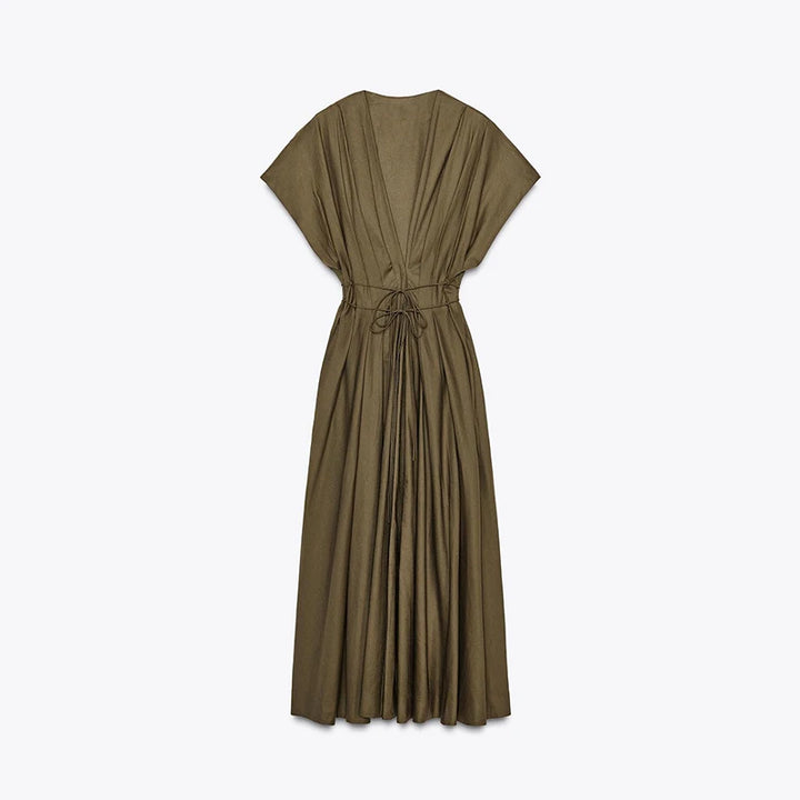 Elegant Pleated Lace Up Long Dress Deep V-neck Flying Sleeve A-line Party Dresses Summer Lady Office All-match Chic Robes