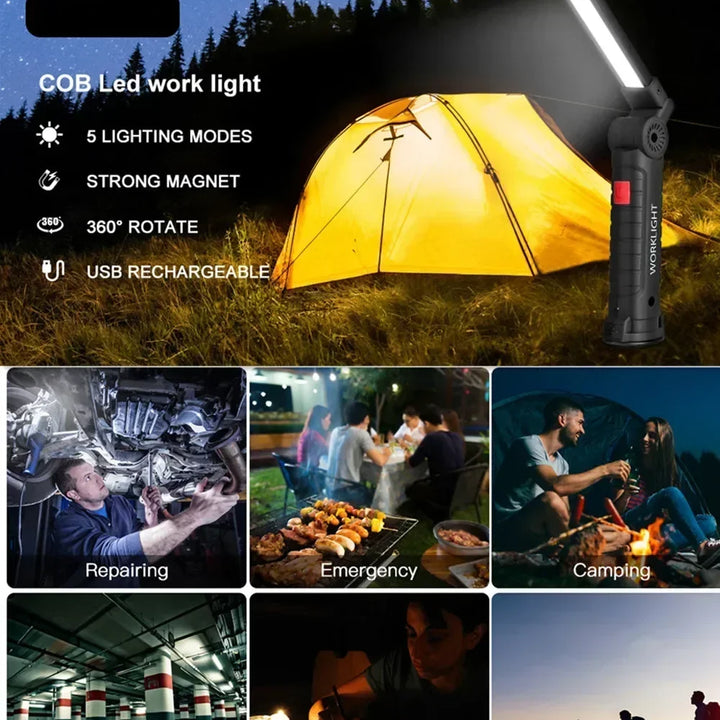 COB LED Work Light Dimmable USB Rechargeable LED Flashlight Inspection Lamp With Magnetic Hook Power Bank 18650 Battery Torch