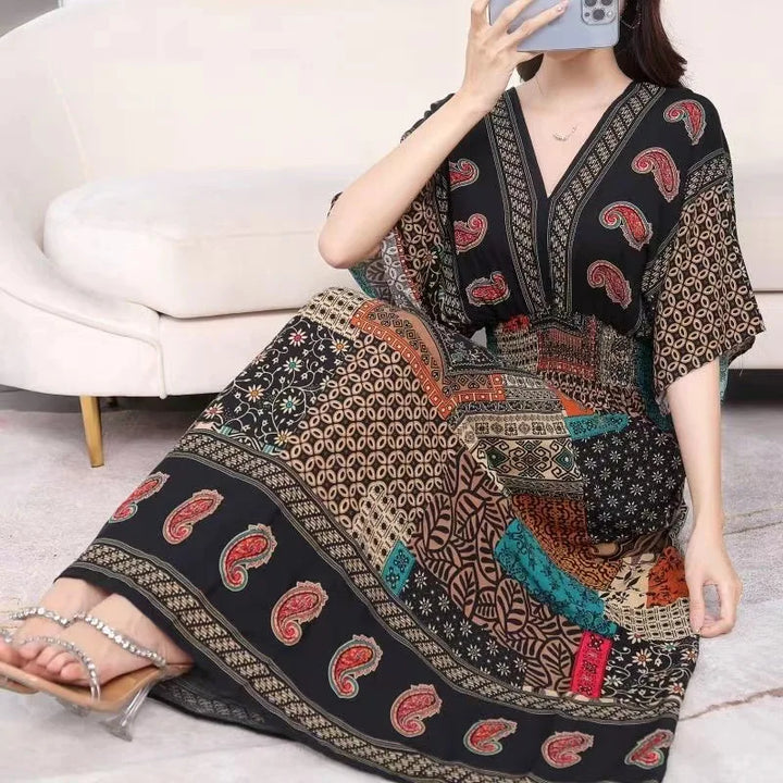 V-neck Large Skirt Hem Casual Sweet Long Dress Bat Sleeves Elastic Waist Bohemian Print Floral Elegant .
