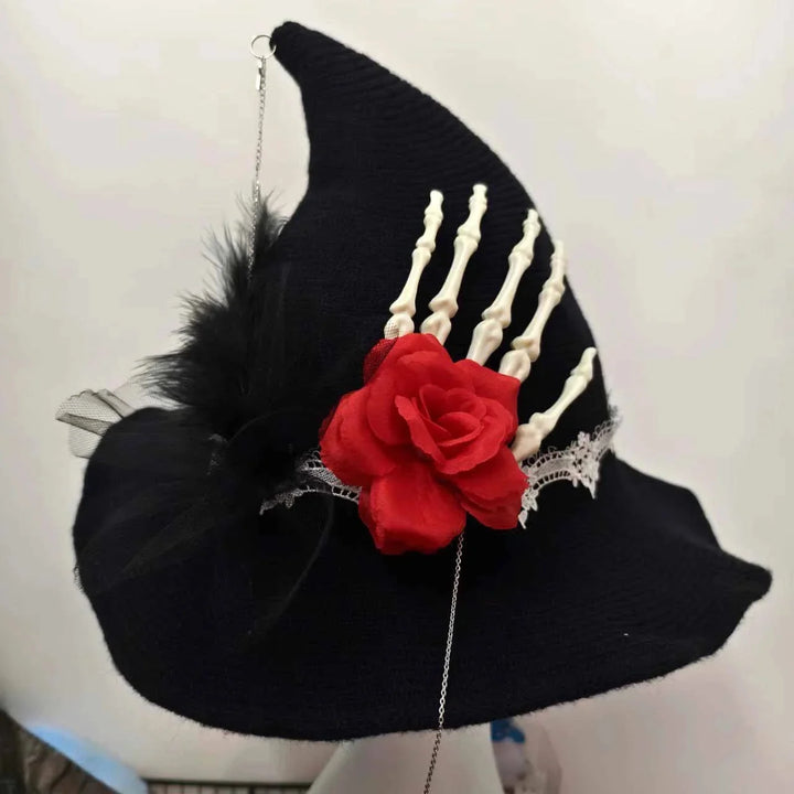 Halloween Cosplay Witch Hat with Skeleton Hand Red Rose Lace Design Gothic Lolita Costume Accessory for Girls Women