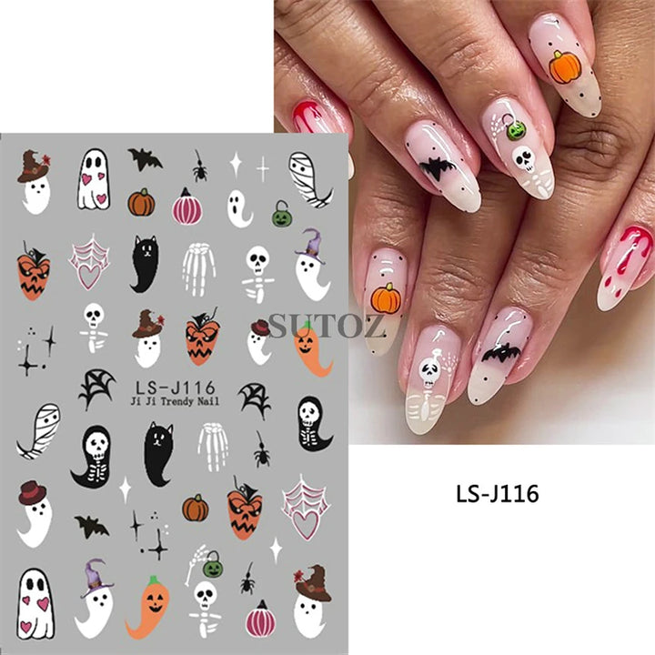 Halloween Nail Art Stickers Pumpkin Skull Cartoon Sticker For Women and Girls Press On Nails Decals Holloween Nail Art Supplies