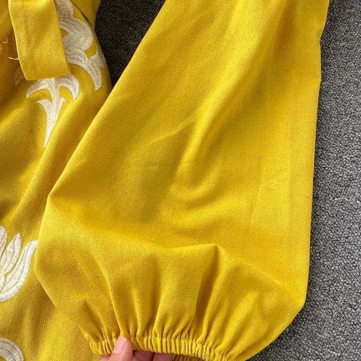 New Spring Autumn Embroidered Dress V-neck Tie Split Retro Indie Folk Style Holiday Beach Long Dress.