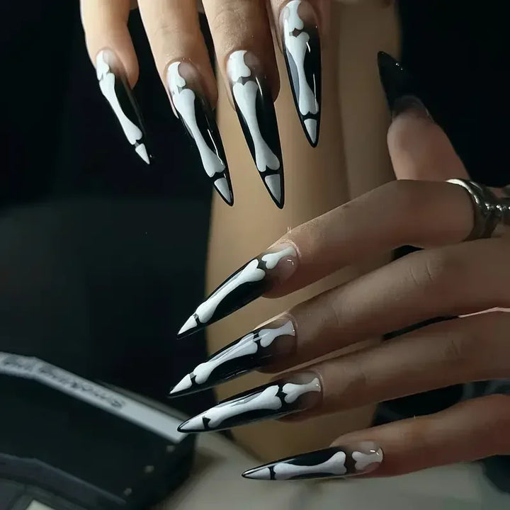 10pcs Halloween Goth Bone Press On Nail-Glossy Long Almond Shape False Nail Sweet and Cool Full Cover Design for Women and Girls