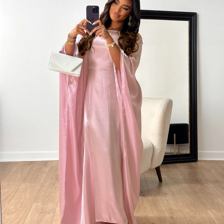 Tossy Autumn Loose Shiny Maxi Dress Butterfly Batwing Long Sleeve Muslim Clothes Party Solid Female Long Dress New