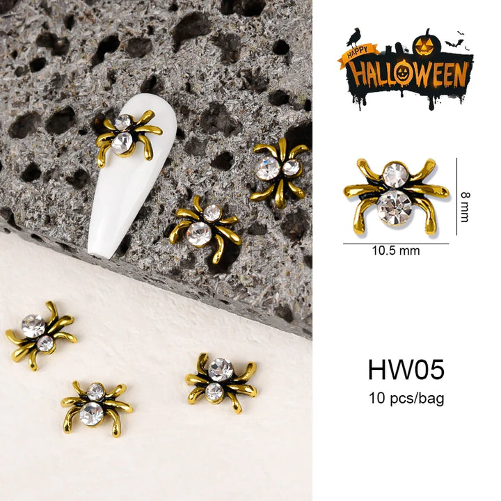 Halloween Alloy Nail Art Charms 3D Ghost Skull Pumpkin Golden Silver Classic Nails Jewelry Ornaments DIY Manicure Accessories