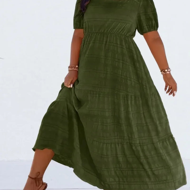 Plus Size 1XL-5XL Women's Fashionable Square Neck Solid Color Dress Ladies Casual A-line Skirt Short Sleeved Long Dress
