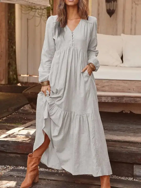 Cotton Linen Women Long Dress.New Look Fashion V-Neck Casual Solid Long Sleeve A-Line Sexy  Elegant Ruffles