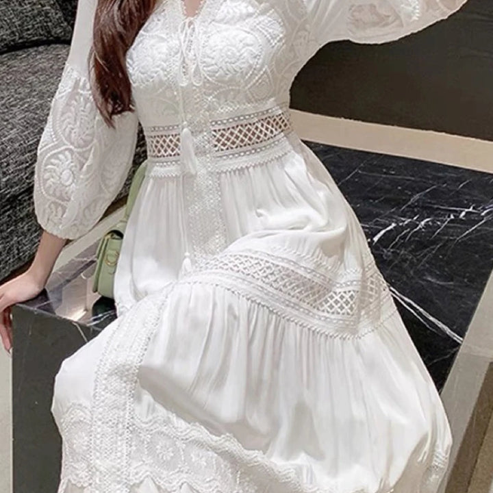 White Long Dress Boho Hollow Out Dress Ladies Elegant Vintage Loose Vestidos