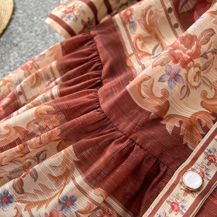 New Retro Court Printed Lapel Lantern Sleeve Cinched Waist Single Breasted Long Sleeve Elegant Long Dress