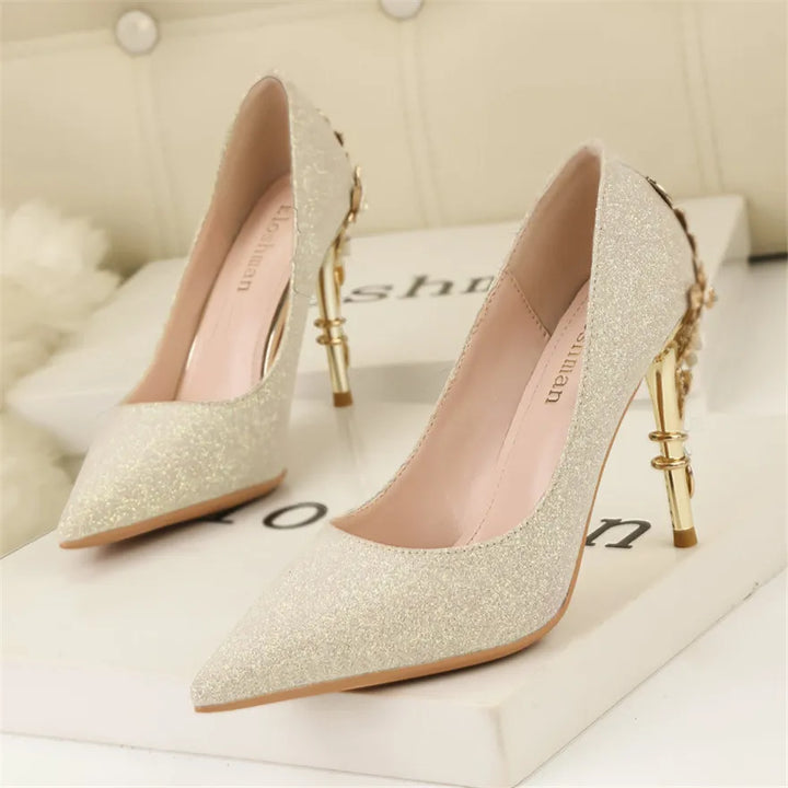 Light Luxury Sexy Women Dress Shoes 2025 Autumn Metal Flower Fashion High Heel Wedding White Pointed Sequins Shiny Female Pumps
