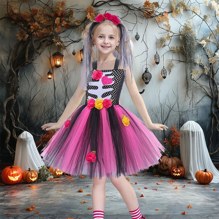 Halloween Kids Dress Cosplay Heart Print Skeleton Costumes Girls Floral Skull Tutu Clothes Children Carnival Performance Outfits