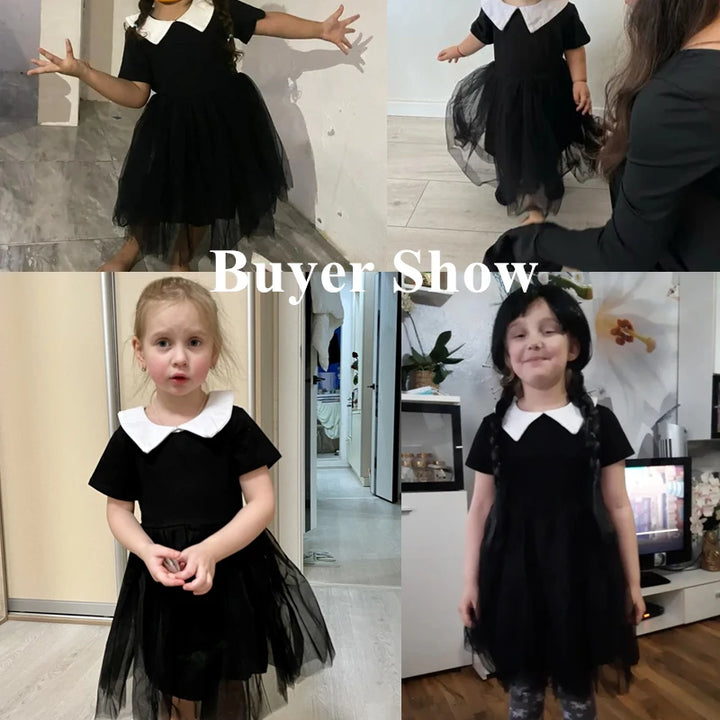 Halloween Carnival Girls Costume Cute Doll Collar Kids Black Gothic Dress Girls Prom Gown Party Wednesday Addams Cosplay Outfits