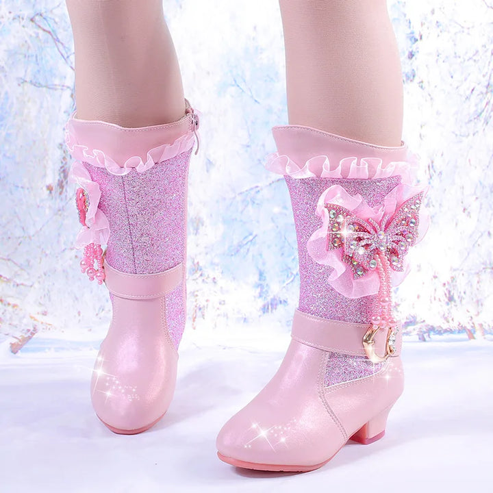 2025 Girls High Heel Boots Children's Sequins Rhindiamonds Butterfly-knot Princess Boots with Velvet Warm Mid-tube Kids Boots