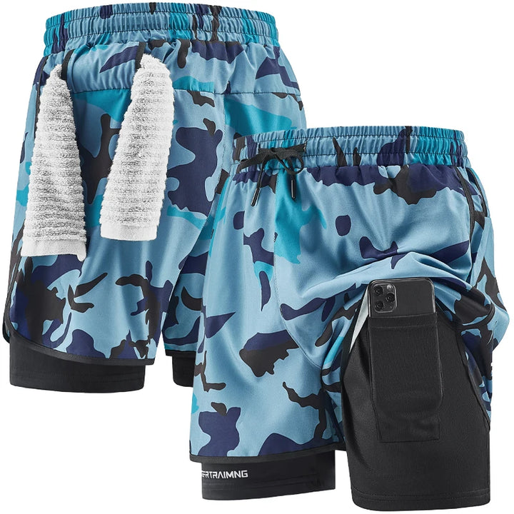 Men's running shorts  quick drying fitness camouflage double-layer shorts  men's new sports training and bodybuilding shorts
