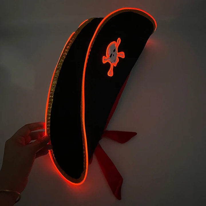 Adults Black Pirate Hats with Skull Pattern Halloween Cosplay Props Parties Caribbean Pirate Costume Hats LED Glowing Party Hat