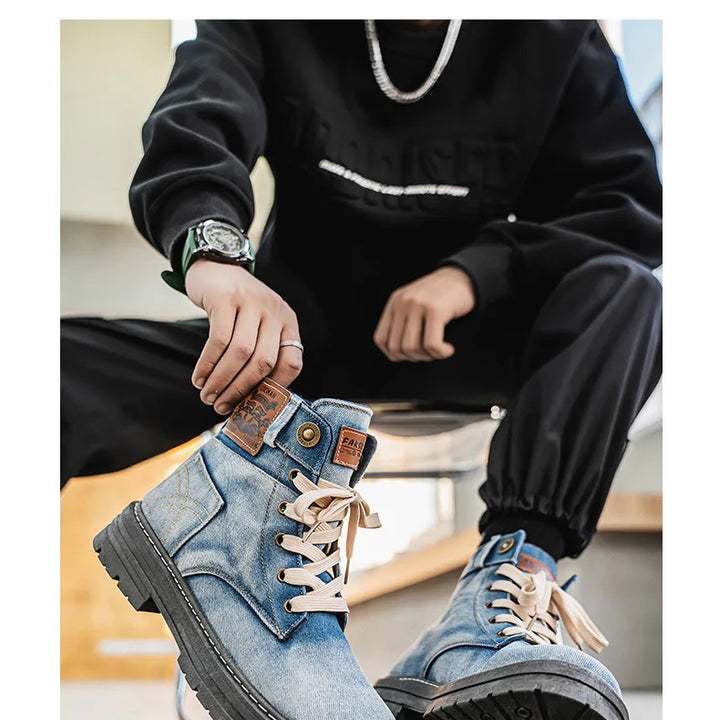 Retro Men's Platform Denim Boots High Quality Men Tooling Boots Fashion Trend Denim Versatile Casual Shoes High Top Working Shoe