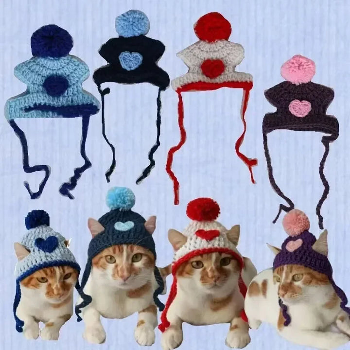 Cute Crochet Pet Hat with Wool Ball - Soft Yarn Cat Dog Costume, Birthday Photo Prop, Warm Winter Hat for Puppy Kitten