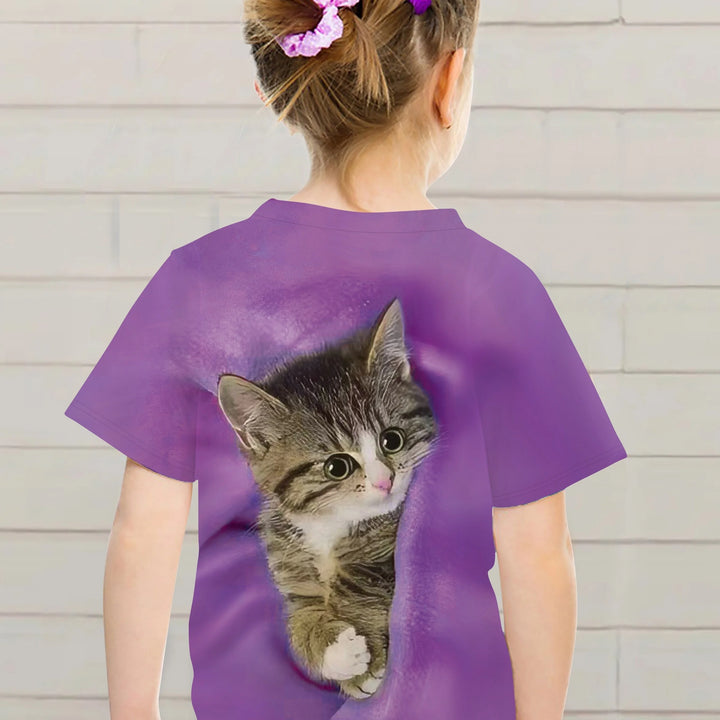 T-Shirt for Girls Cute Kitten Girls Clothes Kids T-Shirt Summer Short Sleeve Children Outdoor Sports Tops T-Shirt for Girls