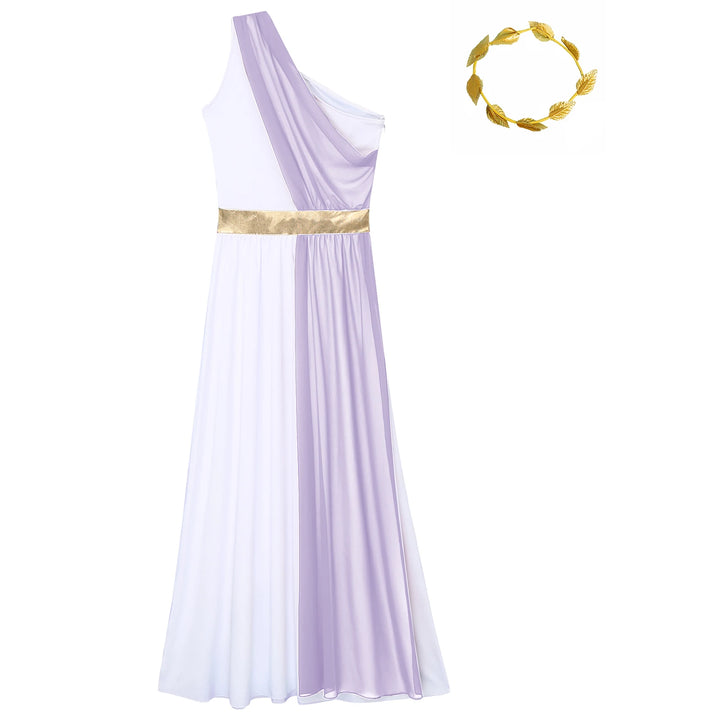 Women Halloween Ancient Greek Dress Ancient Greek Toga Costumes Robe One Shoulder Chiffon Overlay Tunic Dress with Headwear